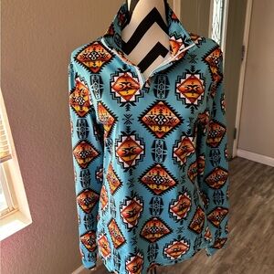 Vibrant Geometric Women's Hoodie - Turquoise and Orange